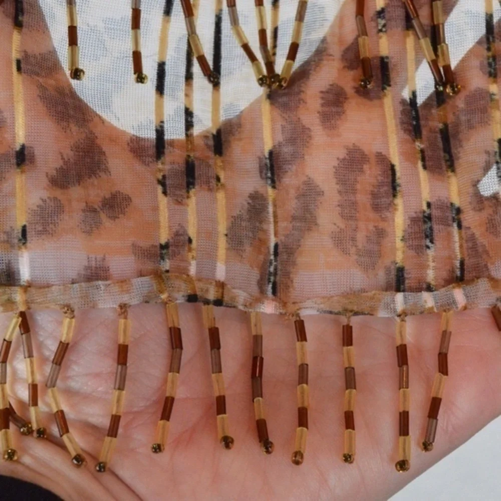 Delicate Sheer Leopard‎ Print Subtle Stripe Beaded Fringe Neck Scarf